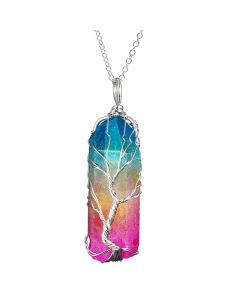 Dyed Natural White Crystal Column Tree Of Life Pendant Necklace